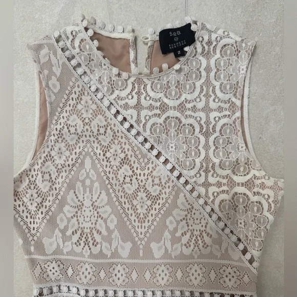 Sea New York Asymmetrical Lace Dress in Cream and White - Picture 2 of 3